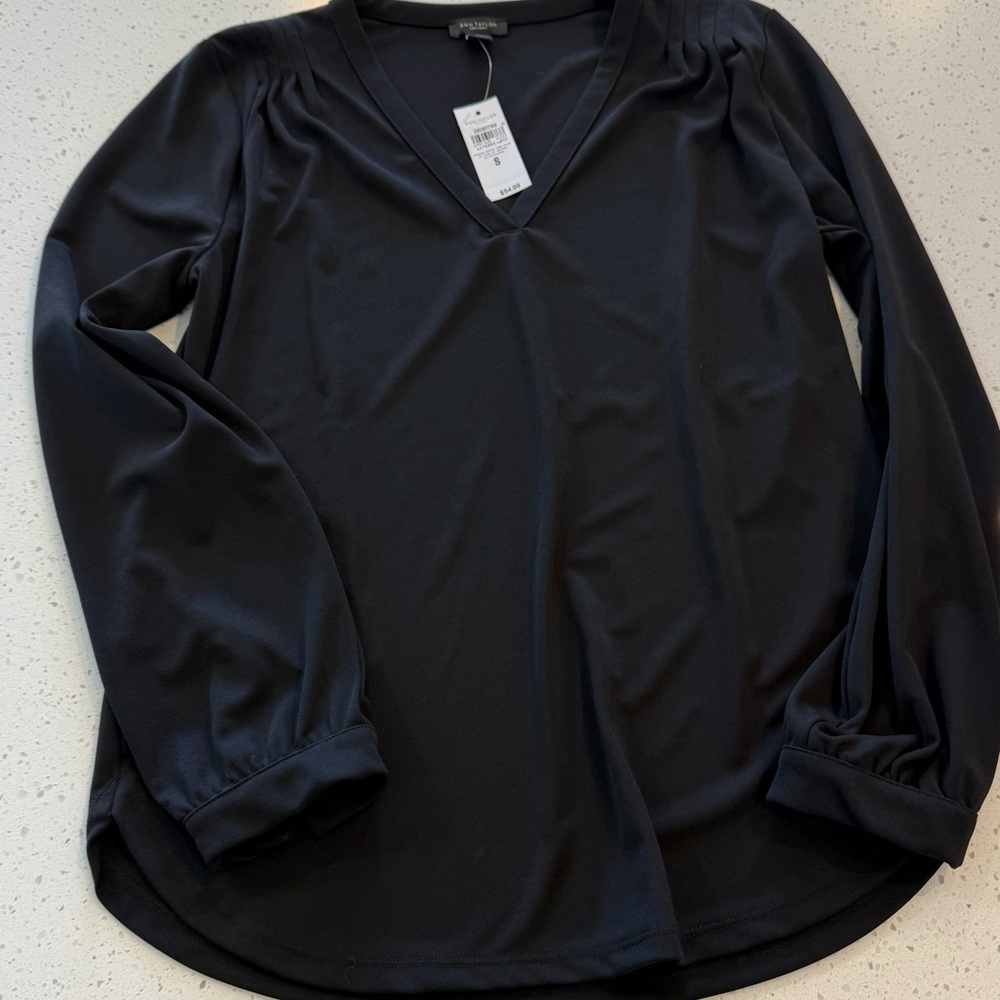 S New Ann Taylor Factory Black Blouse Long Sleeves Gathered Accent Shoulder Top